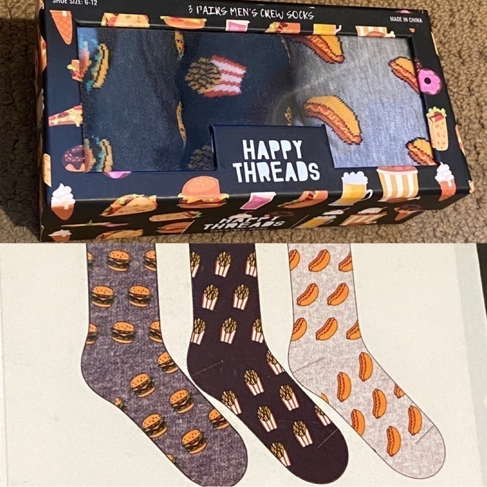 NWT~HAPPY THREADS Men’s 3 Pairs Crew Socks Food Graphic Size 6-12